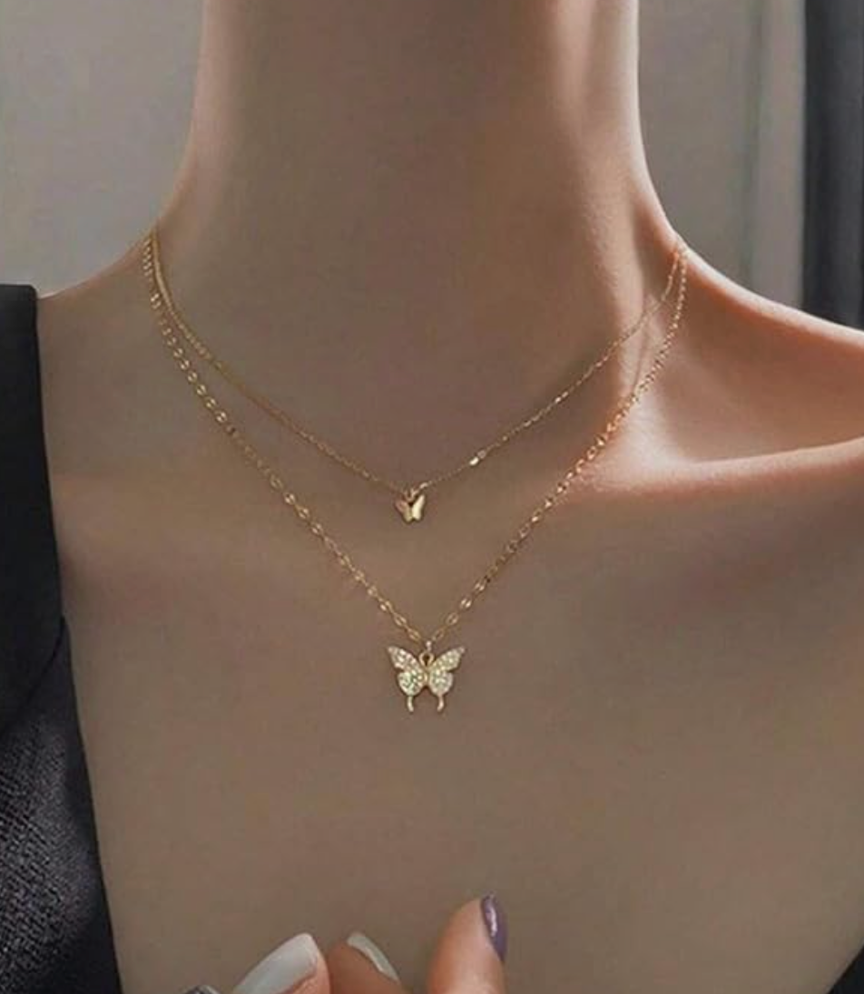 Double Layer Clavicle Chain Necklace Jewelry Zircon Butterfly Pendant Necklace (Gold)