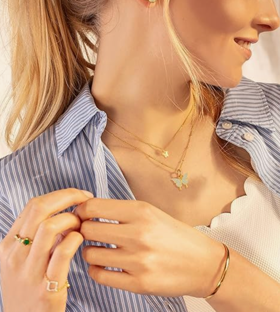 Double Layer Clavicle Chain Necklace Jewelry Zircon Butterfly Pendant Necklace (Gold)