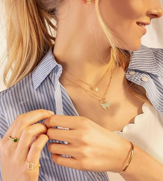 Double Layer Clavicle Chain Necklace Jewelry Zircon Butterfly Pendant Necklace (Gold)