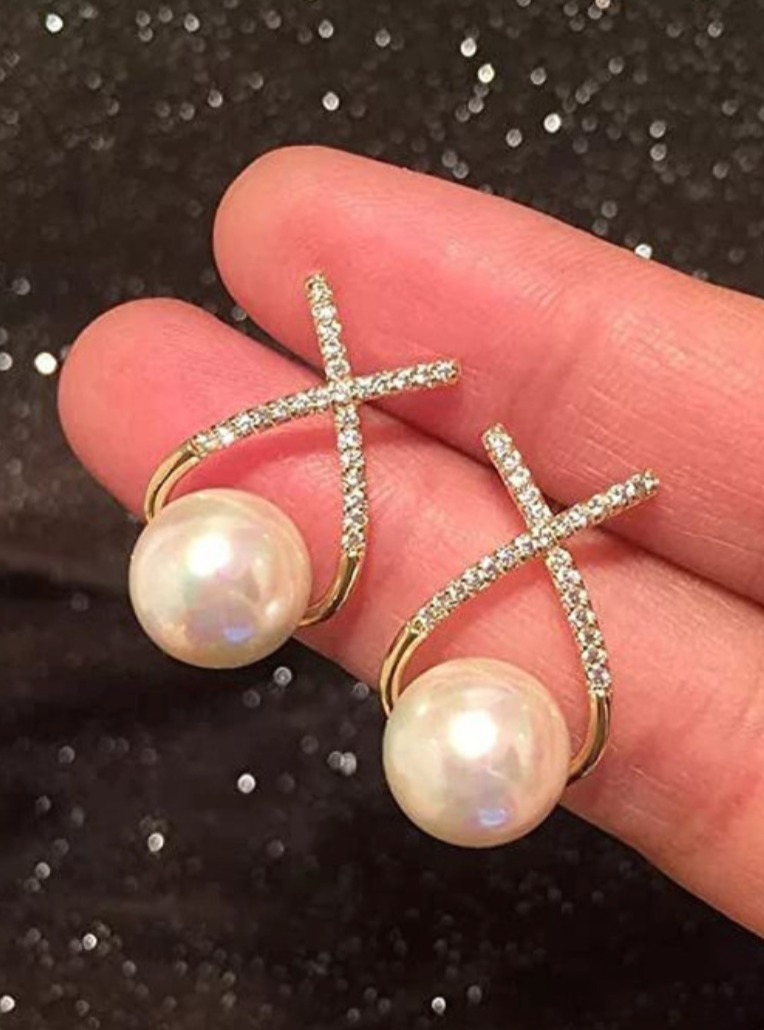 Korean Studded Cross Pearl Stud Earrings