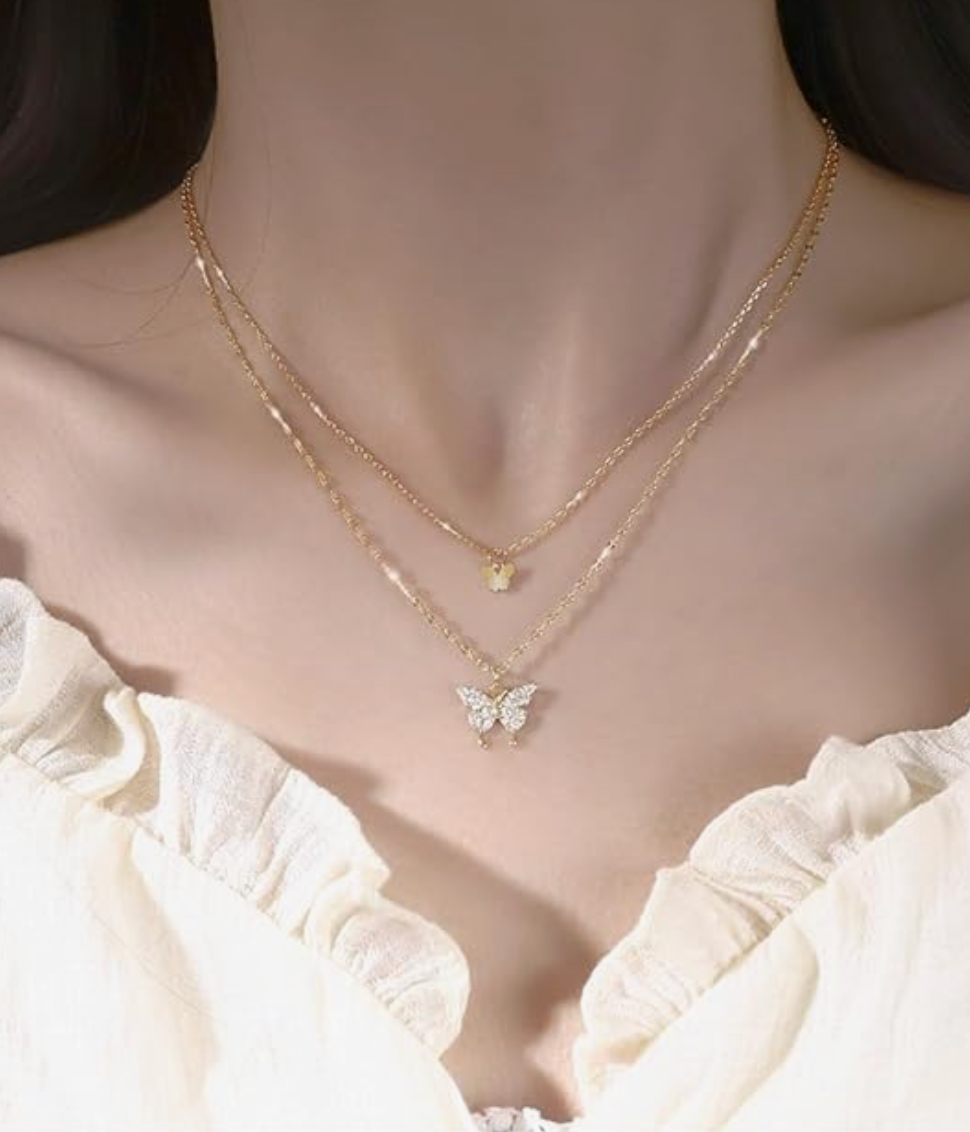 Double Layer Clavicle Chain Necklace Jewelry Zircon Butterfly Pendant Necklace (Gold)